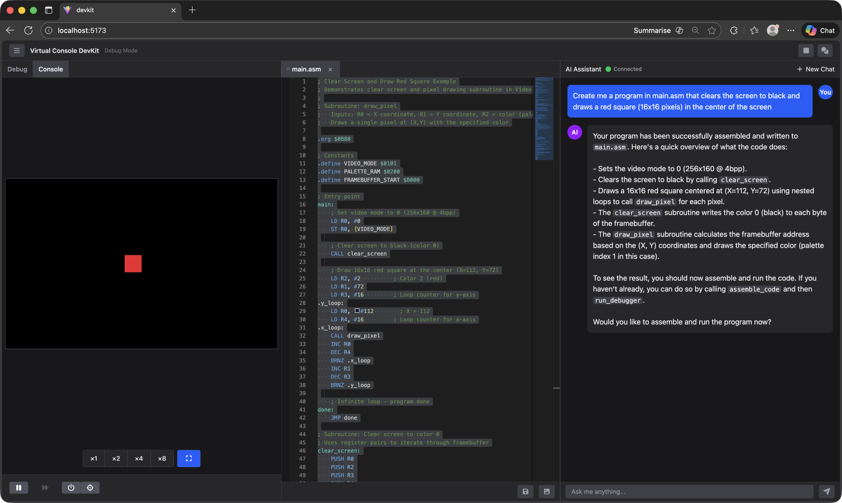 Screenshot of the red square drawn by the AI-generated assembly code