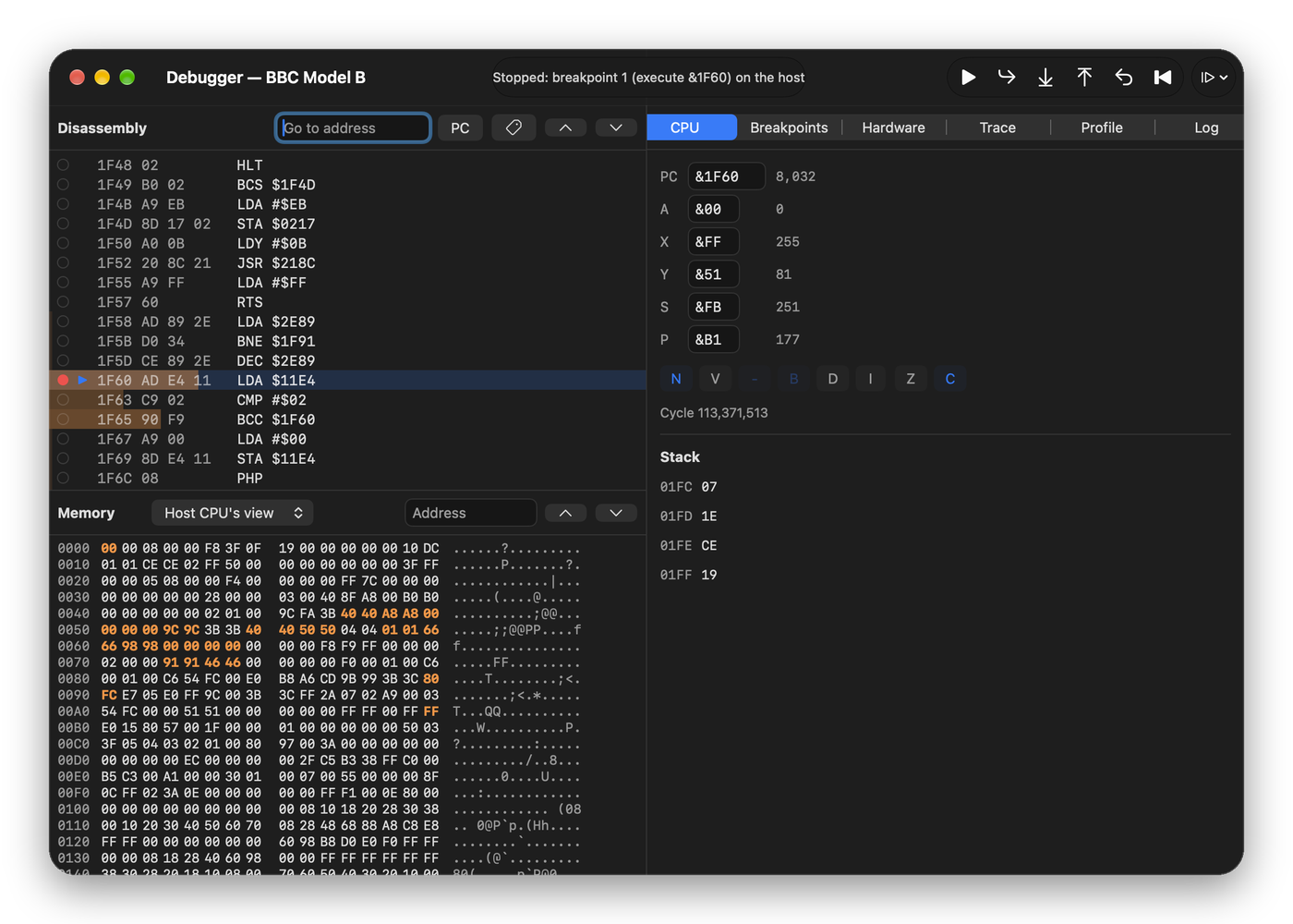 The debugger, stopped in Exile’s main loop, with the profiler’s heat on the busiest instructions