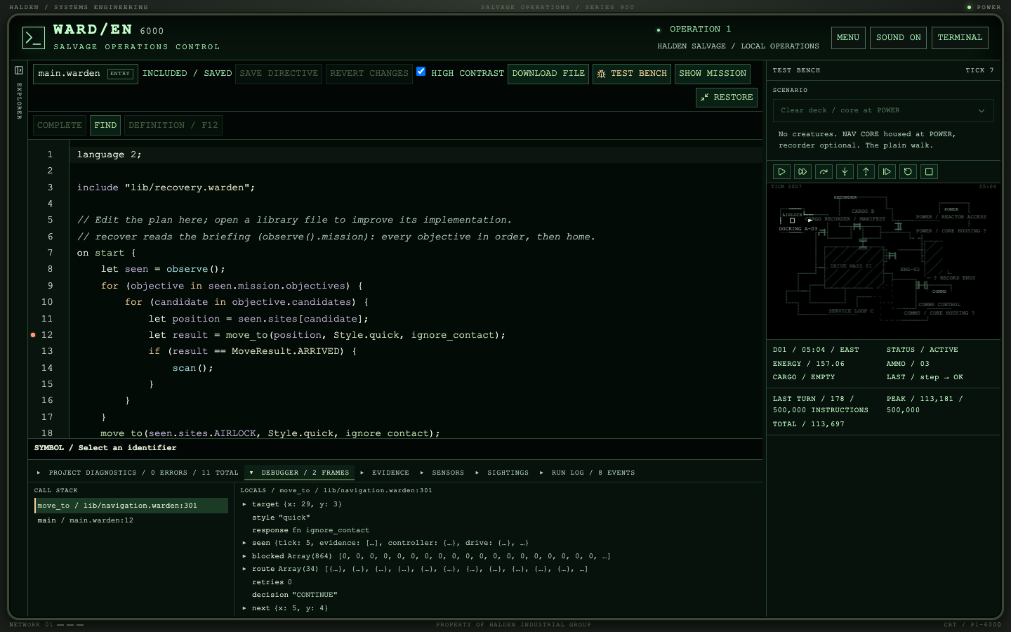 Debugging a drone directive in WARD/EN, with source code, local variables and the test wreck alongside it