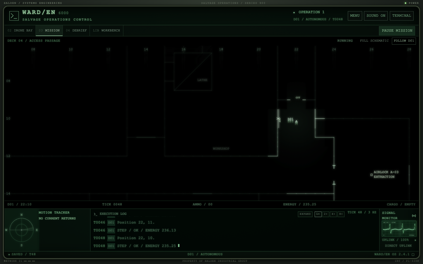 A drone exploring a wreck through the WARD/EN salvage terminal